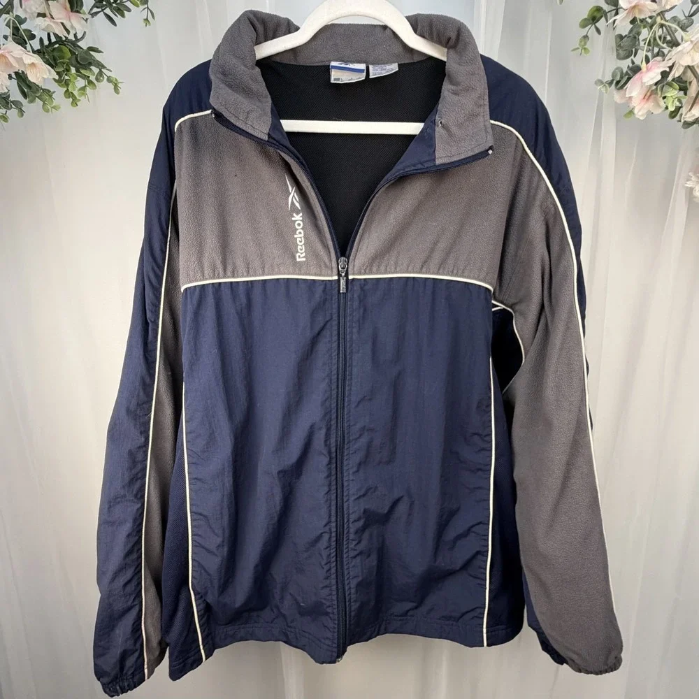 Vintage REEBOK Men's L Blue/Gray Warm Up Track Windbreaker Nylon/Fleece Jacket
